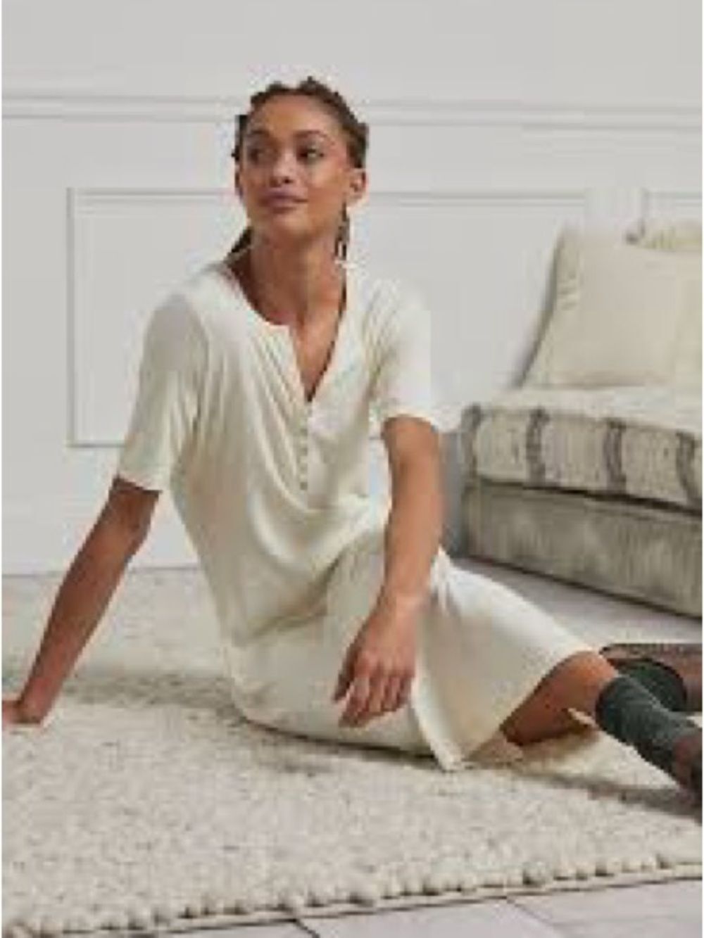 Dolan Anthropologie Cream Short-Sleeve Button Ribbed Henley Dress fitted S